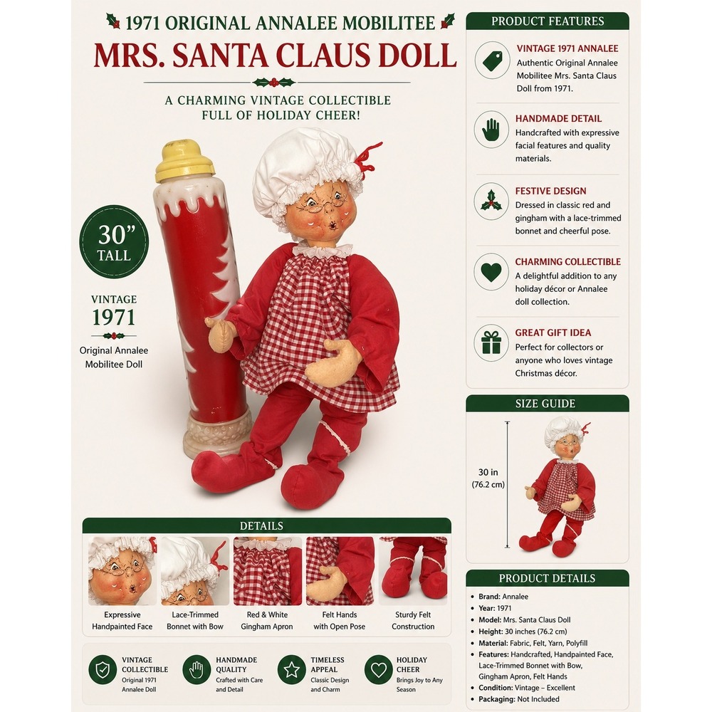1971 Annalee Mobilitee 30 inch Vintage Christmas Felt Doll Red Gingham Mrs Claus